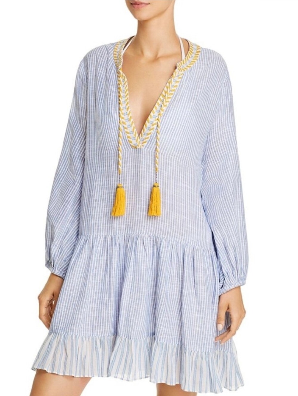 Shoshanna Light Blue Striped Umbrella Mini Dress Cover-Up Size L